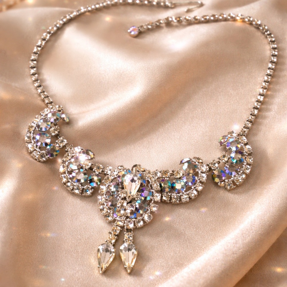 Vintage Rhinestone Statement Necklace Aurora Borealis Crystal Bridal Prom